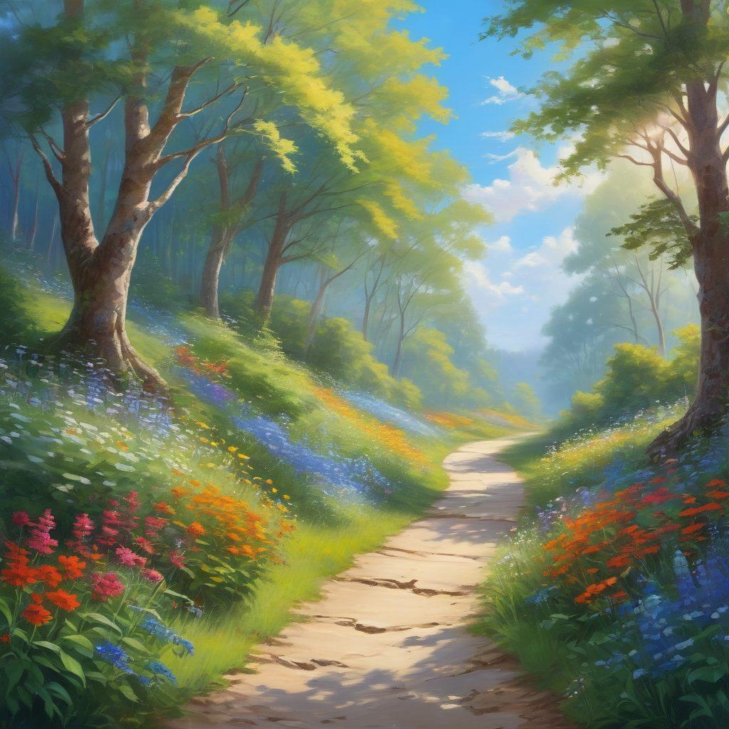 A serene landscape symbolizing healing, featuring a winding path through a lush forest with sunlight filtering through the leaves. Alongside the path, vibrant wildflowers bloom, representing hope and resilience. In the foreground, a diverse group of individuals (different ages and backgrounds) are seen walking together, sharing smiles and laughter, illustrating emotional support. Soft clouds in a clear blue sky add a sense of tranquility. painting. vibrant colors. peaceful atmosphere.