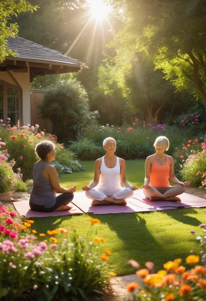 A serene scene showing a diverse group of cancer survivors engaged in holistic health practices, such as yoga and meditation in a sunlit garden with vibrant flowers. Soft, warm light bathes the space, symbolizing hope and healing, while supportive friends and family surround them, fostering a sense of community and emotional support. Use calming earth tones mixed with splashes of bright colors to evoke an uplifting atmosphere. painting. vibrant colors. natural setting.