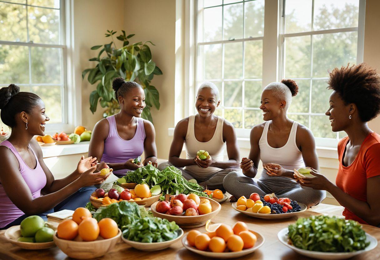 A serene scene depicting a diverse group of cancer survivors engaging in a nutrition workshop, surrounded by colorful fruits and vegetables. They are smiling and sharing knowledge, with an open book about nutrition on the table. Soft sunlight filters through a window, creating a warm, inviting atmosphere. Include visual elements of wellness like yoga mats and herbal teas. super-realistic. vibrant colors. warm tones.